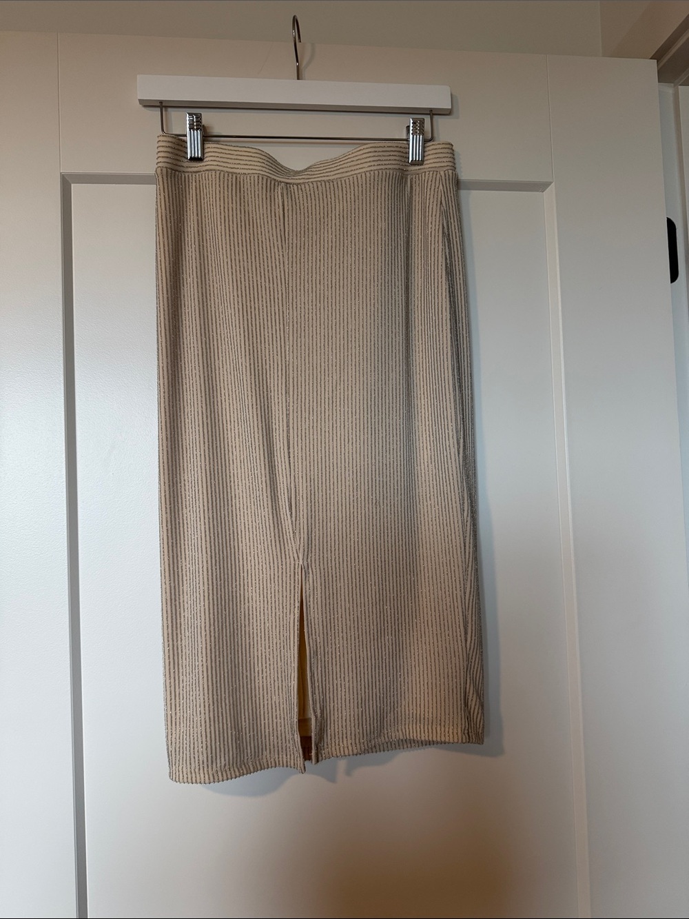 Willow & Clay Beige Ribbed Midi Skirt with Center Slit